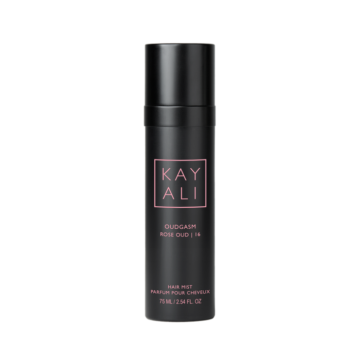 Black hair mist bottle with 'KAYALI' branding on a white background