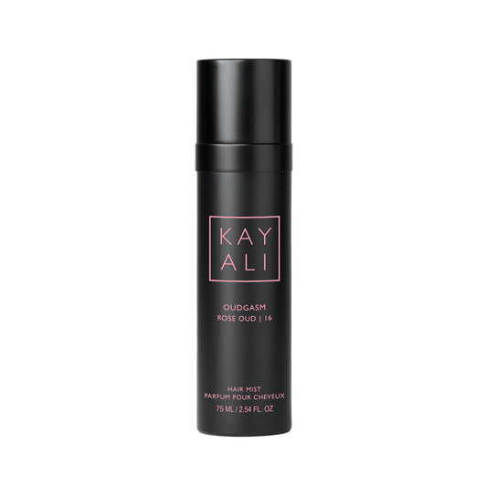 Black hair mist bottle with 'KAYALI' branding on a white background