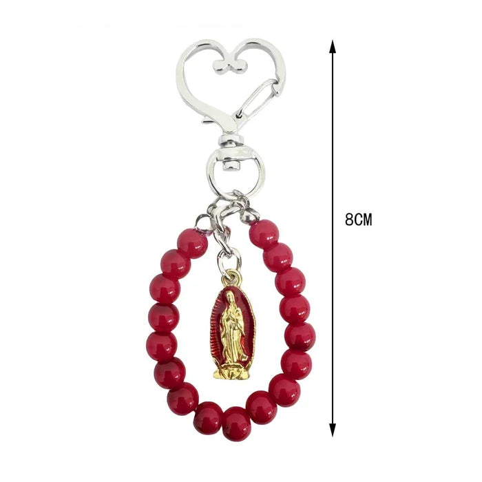 Our Lady of Guadalupe Rosary Keychain Bulk Pack (12 Pcs) – Red Beaded Mini Decade Rosary Ring with Heart Clasp, Religious Favors for Baptism, Communion, Confirmation (LKC39RD)