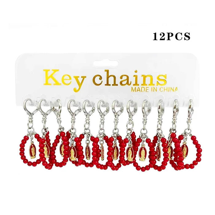 Our Lady of Guadalupe Rosary Keychain Bulk Pack (12 Pcs) – Red Beaded Mini Decade Rosary Ring with Heart Clasp, Religious Favors for Baptism, Communion, Confirmation (LKC39RD)