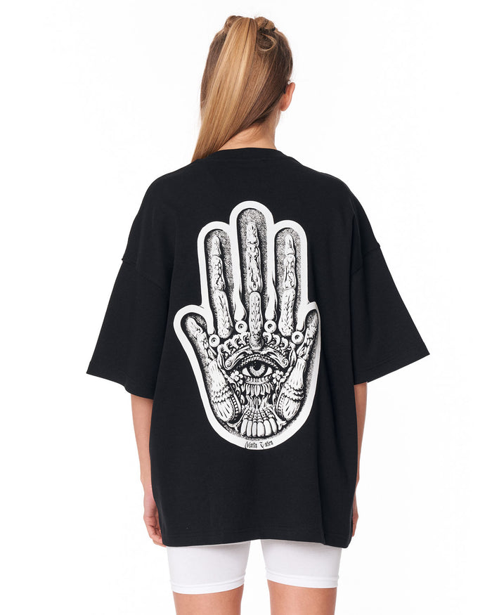 Women's Oversized Chest and Back 3D Printed Black T-Shirt front view
