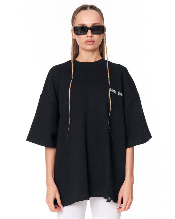 Women's Oversized Chest and Back 3D Printed Black T-Shirt back view