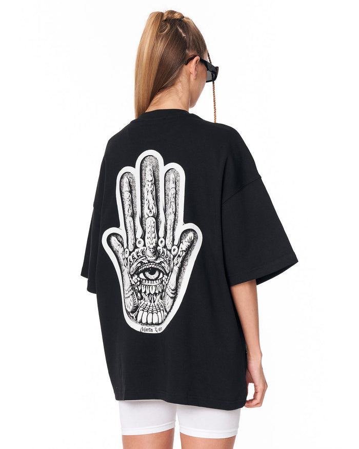 Women's Oversized Chest and Back 3D Printed Black T-Shirt on female model
