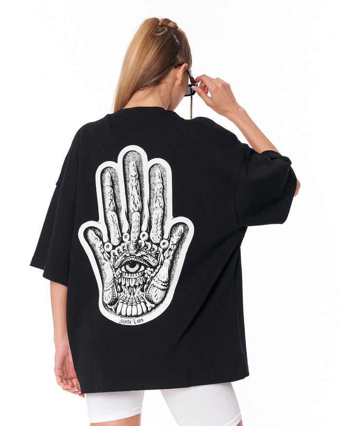 Women's Oversized Chest and Back 3D Printed Black T-Shirt with bold back graphic