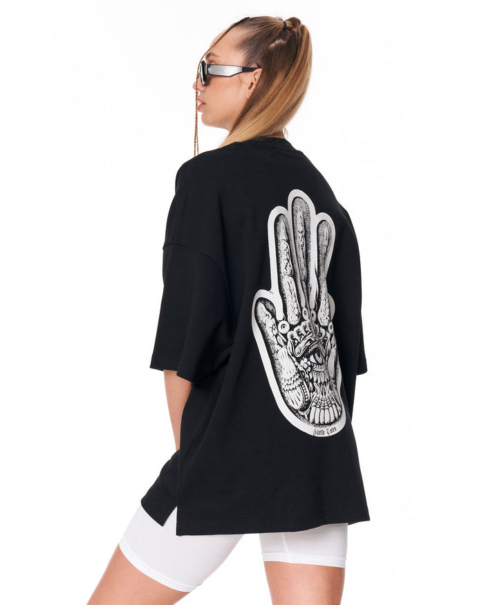 Women's Oversized Chest and Back 3D Printed Black T-Shirt styled with white shorts