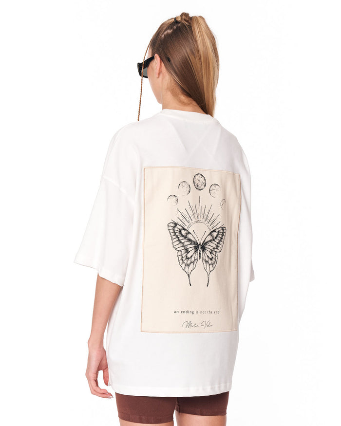 Oversized Monarch Loop White T-Shirt with large back patch graphic