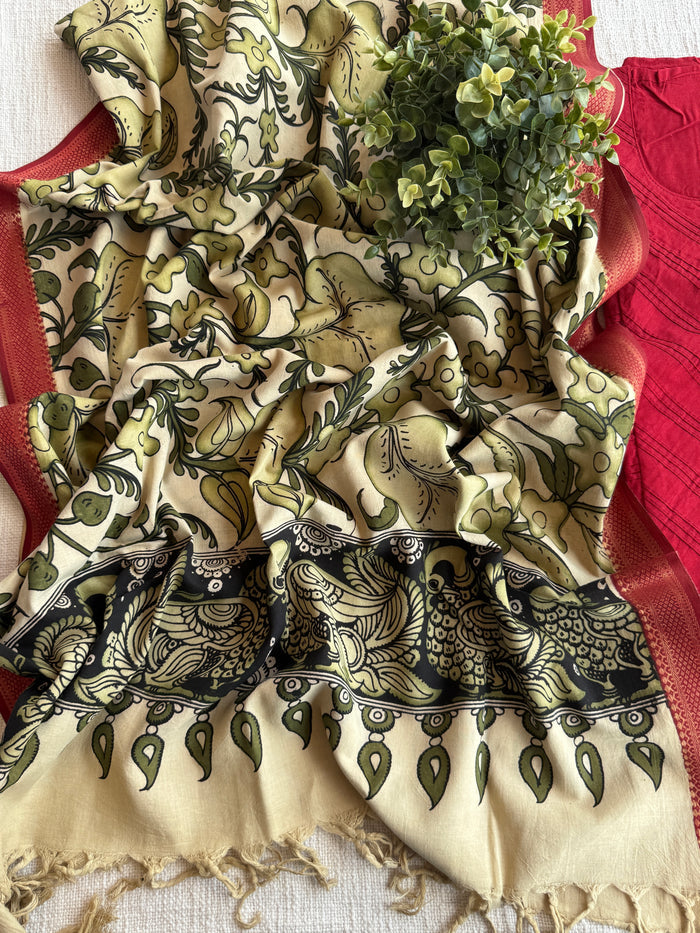 Pen kalamkari silk Dupatta with silk cotton top