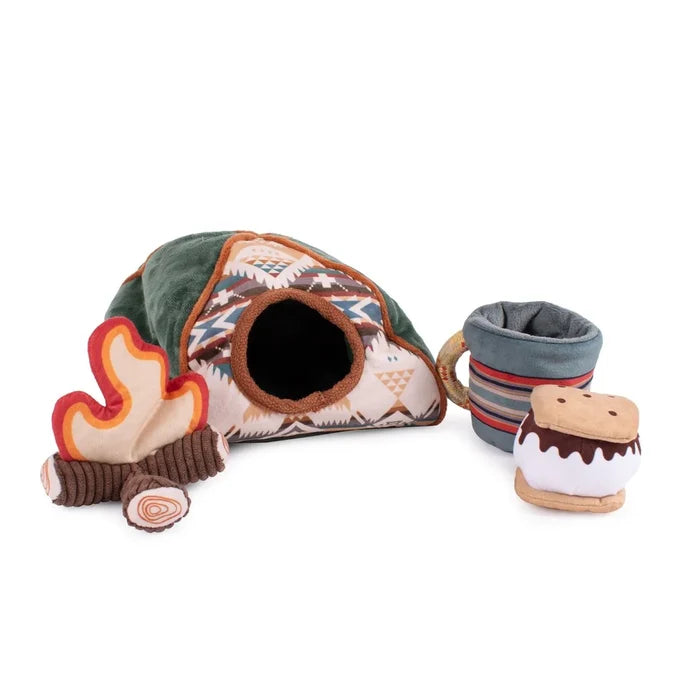 Set of plush toys including a tent, cup, and cookies on a white background