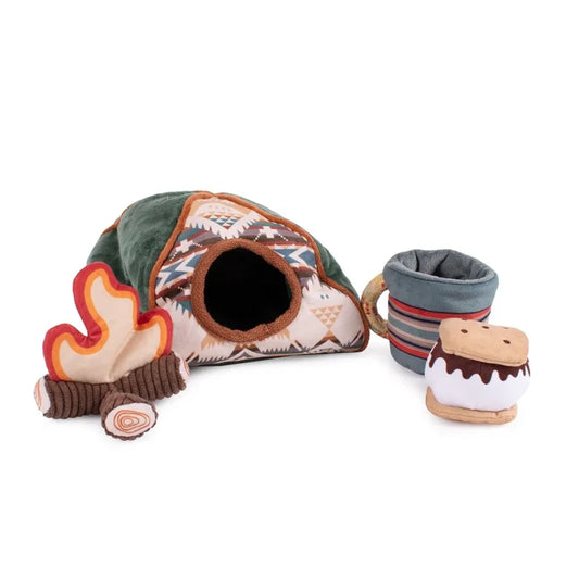 Set of plush toys including a tent, cup, and cookies on a white background