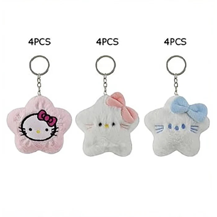 Plush Star Keyring with Embroidered Cute Kitten Design – Soft Fabric Bag Charm, Kawaii Cartoon Character Keychain Accessory 12pcs (KC-73395)