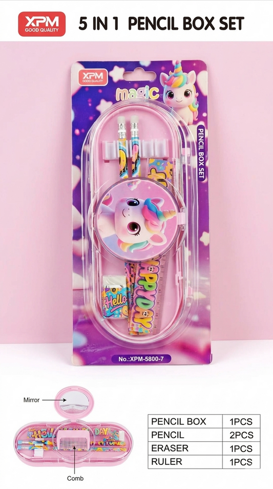 Open view of blue unicorn pencil box showing the built-in mirror and mini comb features.