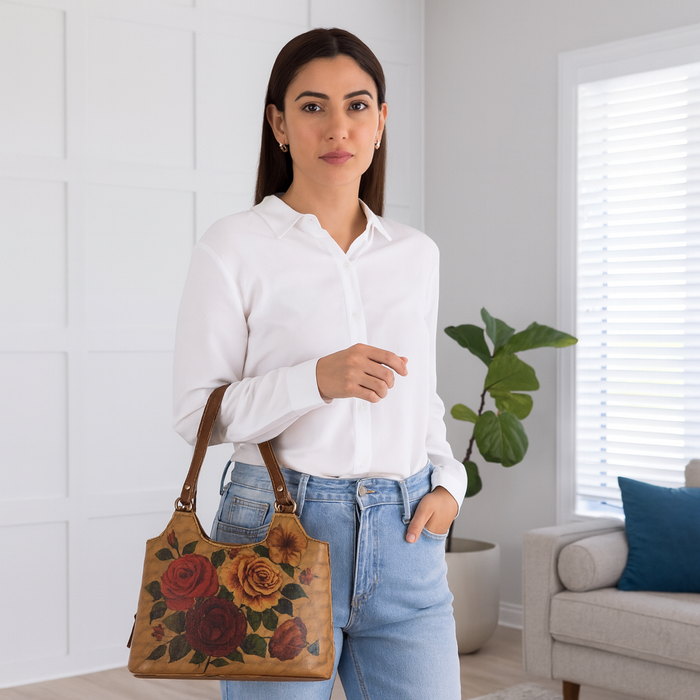 Women's handpainted roses tote shoulder handbag for work, travel, and daily use-model image