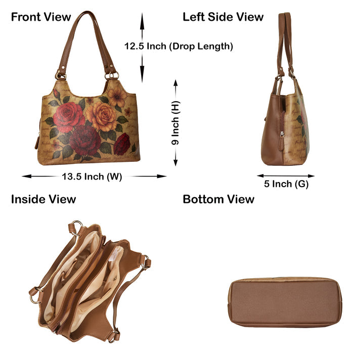 Women's handpainted roses tote shoulder handbag for work, travel, and daily use-infographic image