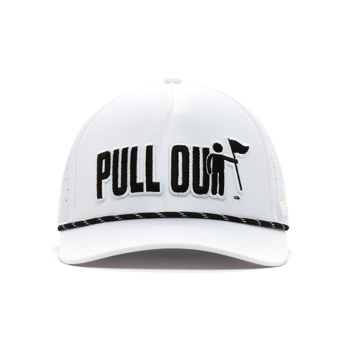 The PULL OUT Performance Golf Rope Hat is a white snapback with black brim stitching, sweat stain resistant material, bold black "PULL OUT" text, and a black silhouette of a flag-holding golfer next to a hole. Simple and sporty design.