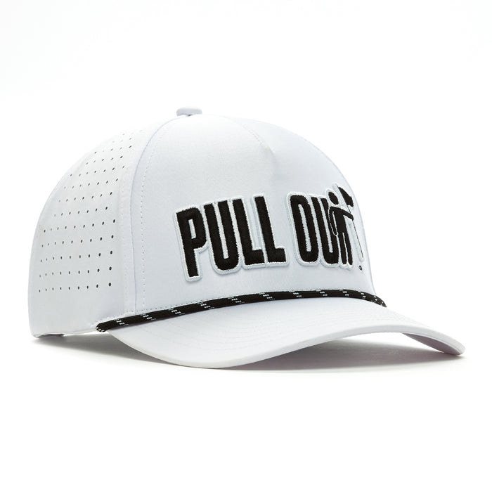 The PULL OUT - Performance Golf Rope Hat - Snapback is a white cap with black embroidered "PULL OUT" text on the front, a black-and-white patterned brim trim, small ventilation holes, and made from performance material. Background is plain white.