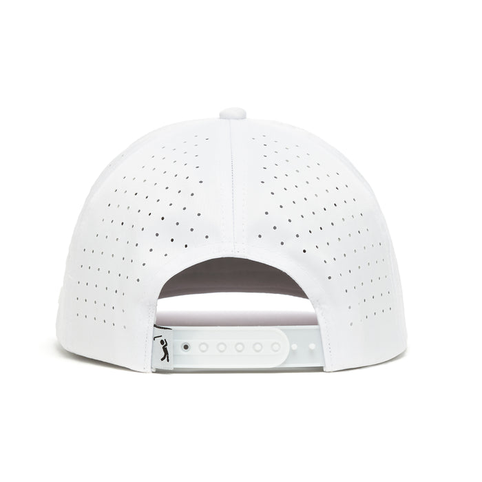 The PULL OUT - Performance Golf Rope Hat - Snapback is shown from the back, crafted from ventilated performance material with an adjustable white snapback and a small black ribbon logo on the left side of the strap.