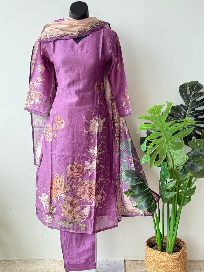 Purple silk cotton Ready suit set
