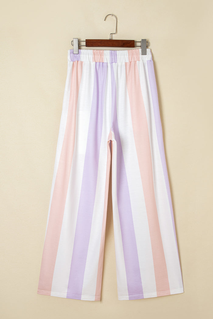 Purple Stripe Multicolored Print Drawstring Loose Pants with Side Pockets