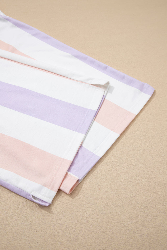 Purple Stripe Multicolored Print Drawstring Loose Pants with Side Pockets