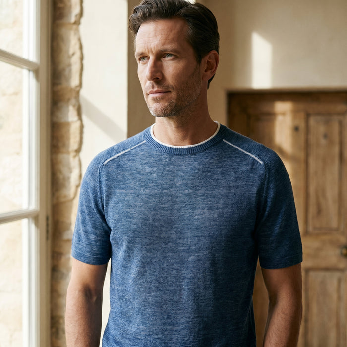 Raglan Linen Short Sleeve Crew Neck, worn — Emanuel Berg