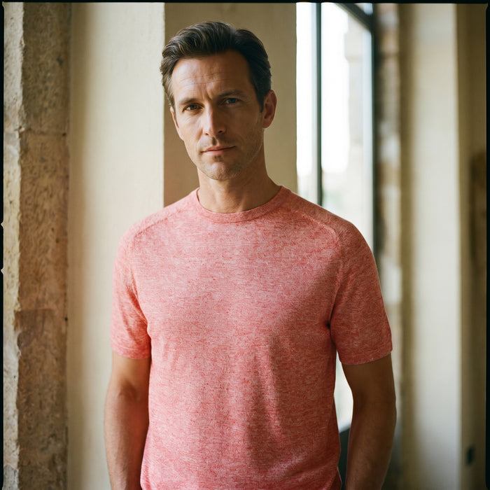 Raglan Linen Short Sleeve Crew Neck, worn — Emanuel Berg