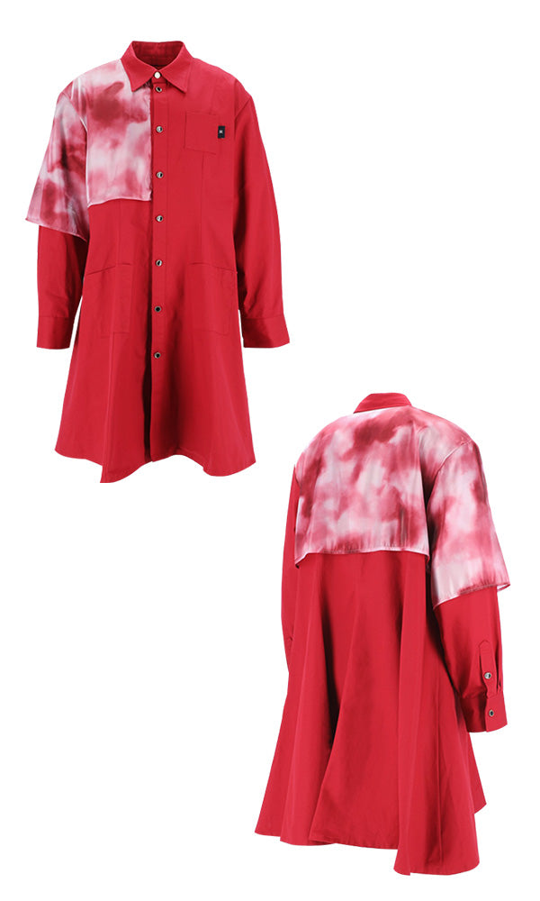 Reculer レキュリー シースルーケイプ ロングシャツ レッド ケイプディテール シースルー 透け感 ディテール