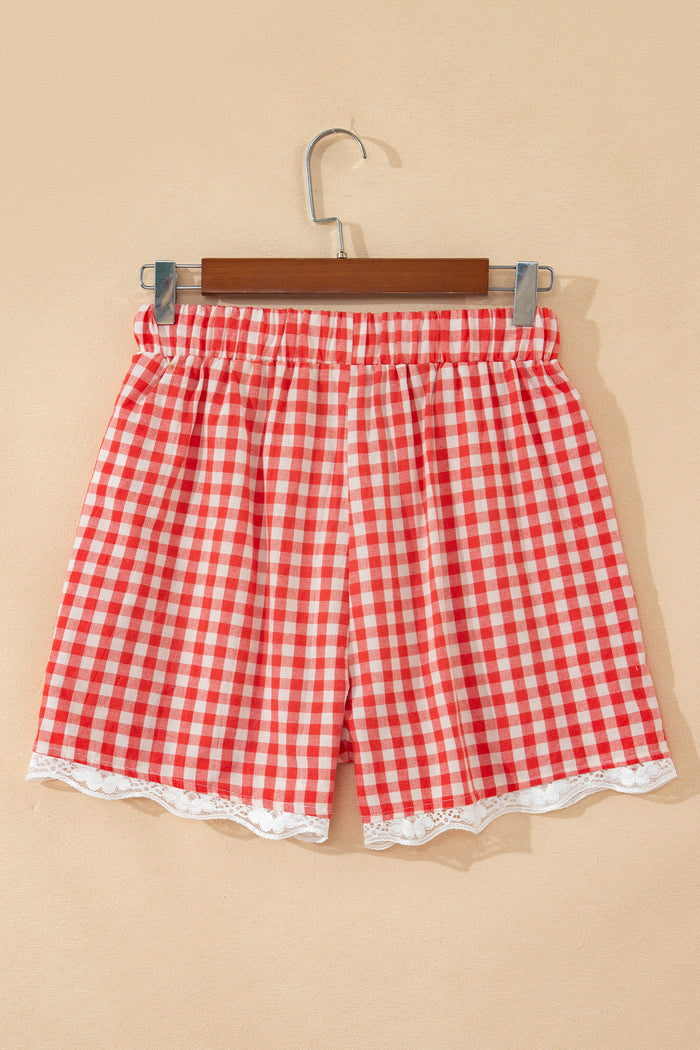 Red Gingham Plaid Tie Elastic Waist Lace Patchwork Hem Casual Shorts