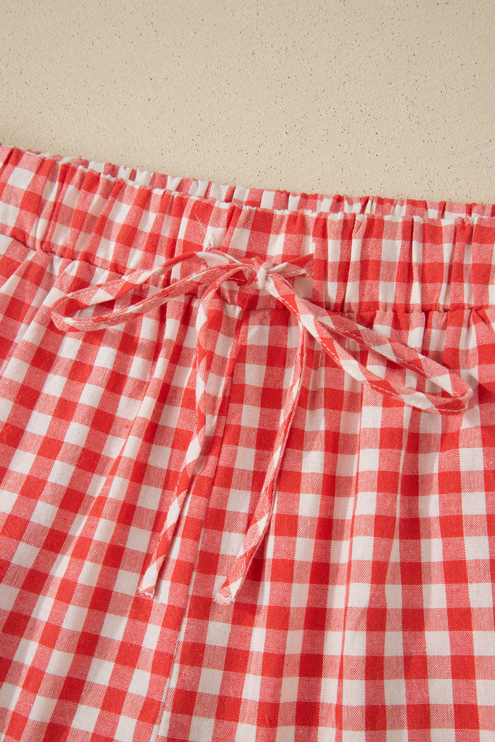 Red Gingham Plaid Tie Elastic Waist Lace Patchwork Hem Casual Shorts