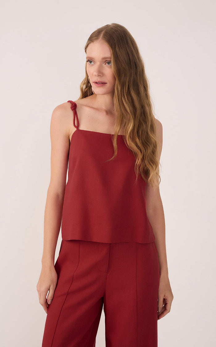 Red Square Neck Knot Ties Linen Blouse_2