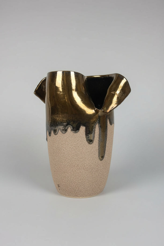 Retsis Bros Greek Hellas Vase - Textured Stoneware Pottery - Gold Top Stamped