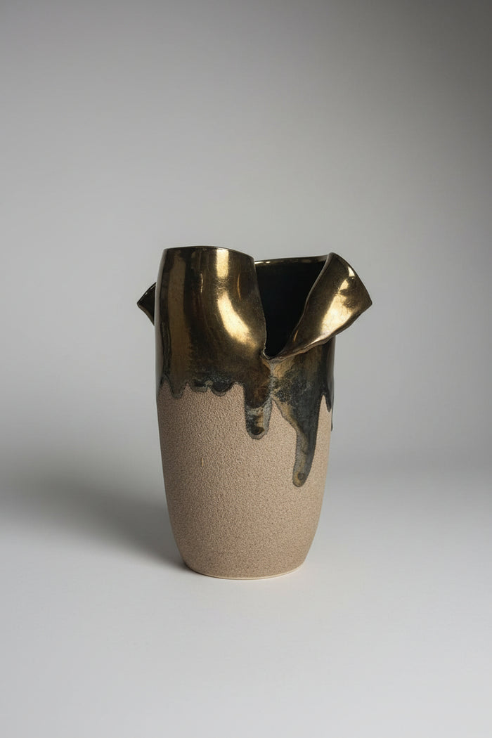 Retsis Bros Greek Hellas Vase - Textured Stoneware Pottery - Gold Top Stamped