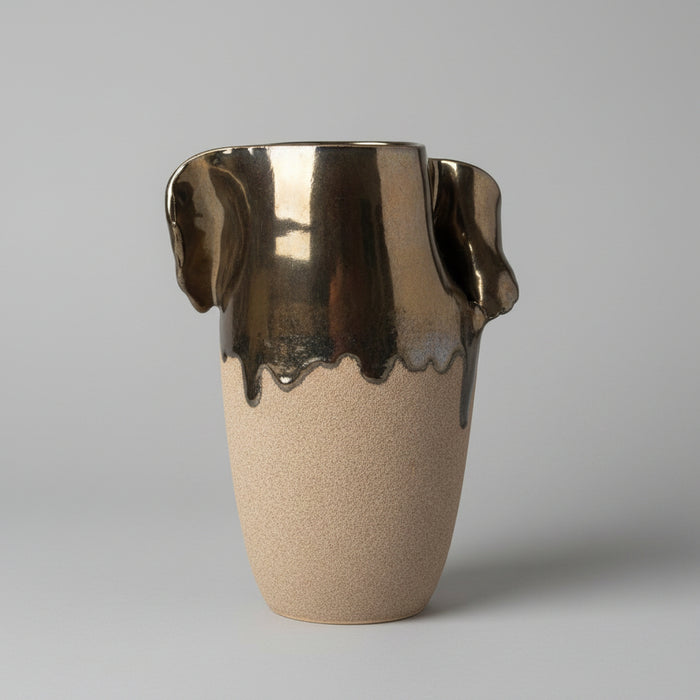 Retsis Bros Greek Hellas Vase - Textured Stoneware Pottery - Gold Top Stamped