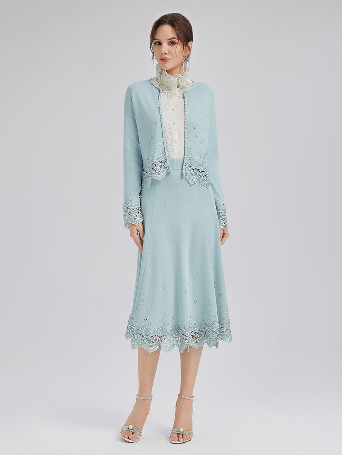 Rhinestone Lace Knit Elasticated Skirt