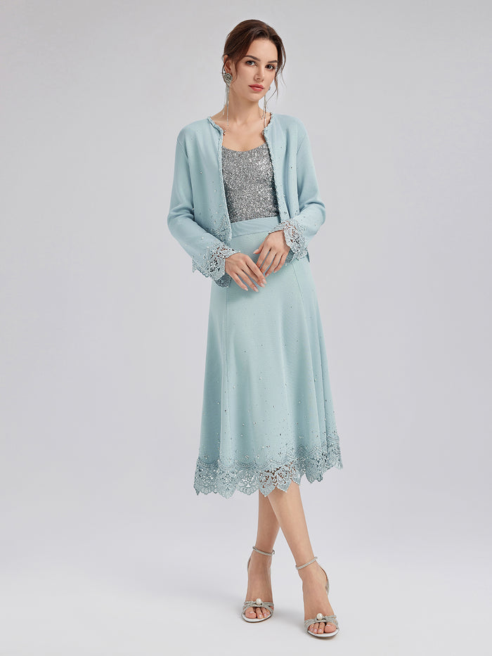 Rhinestone Lace Knit Elasticated Skirt
