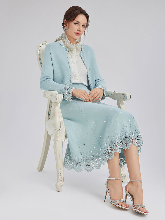 Rhinestone Lace Knit Elasticated Skirt