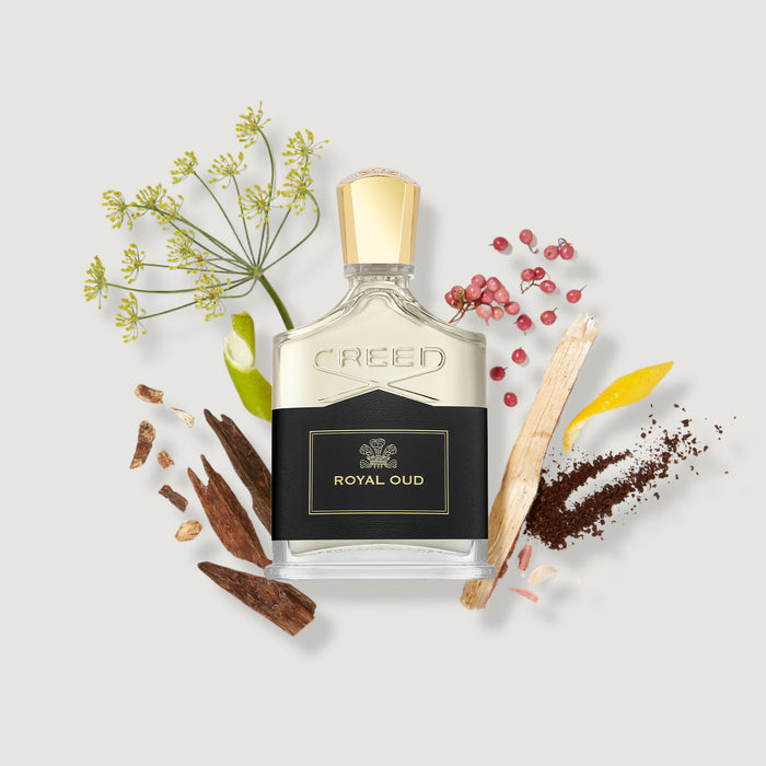 Creed Royal Oud Eau de Parfum with Oud Wood, Pink Pepper and Citrus Fragrance Notes - Ingredient Flatlay | Creed Fragrances
