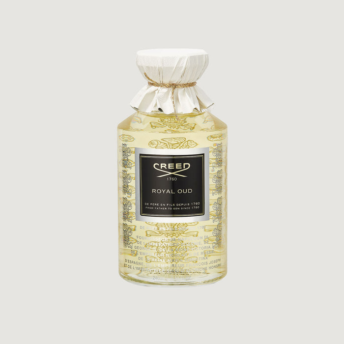 Creed Royal Oud 240ml Flacon - Gold Embossed Glass, White Leather Cap, Heritage Label - Front View | Creed Fragrances