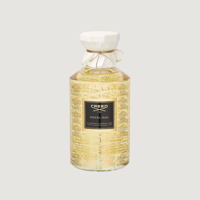 Creed Royal Oud 490ml Large Flacon - Gold Embossed Glass, White Leather Cap, Heritage Label - Front View | Creed Fragrances