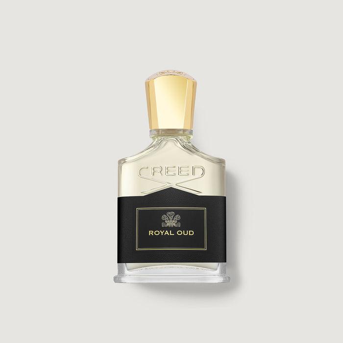 Creed Royal Oud 50ml Eau de Parfum - Clear Glass Bottle, Black Label, Gold Cap - Front View | Creed Fragrances