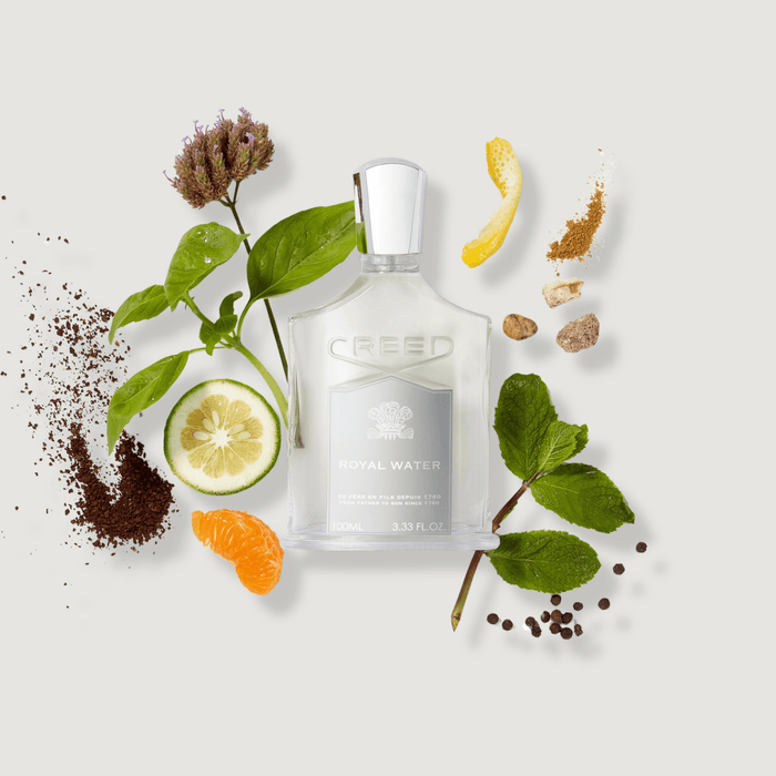 Royal Water by Creed 100ml with Citrus and Mint Ingredients Flat Lay | Creed Fragrances
