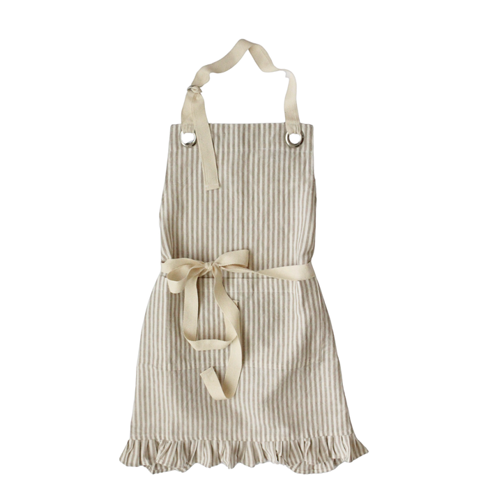 Ruffle Pin Stripe Apron: Tan