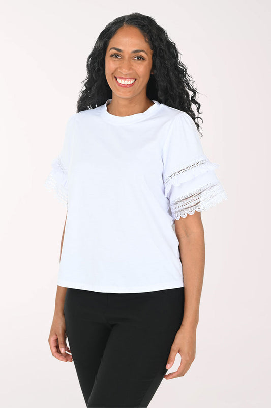 Woman wearing a white top with lace sleeves on a white background