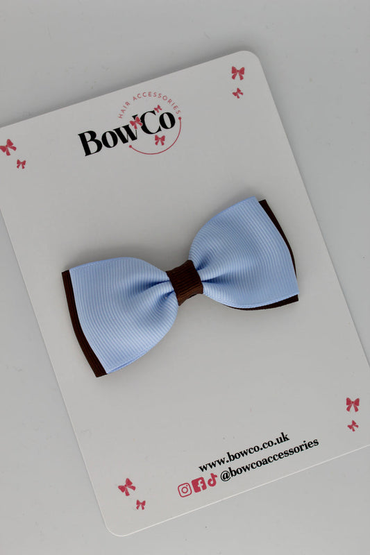 School Bow Bluebell and Brown - Double Lapel Bow - Clip