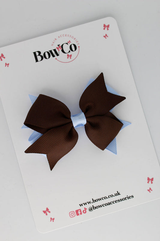 School Bow Bluebell and Brown - Layer Tail Bow - Clip