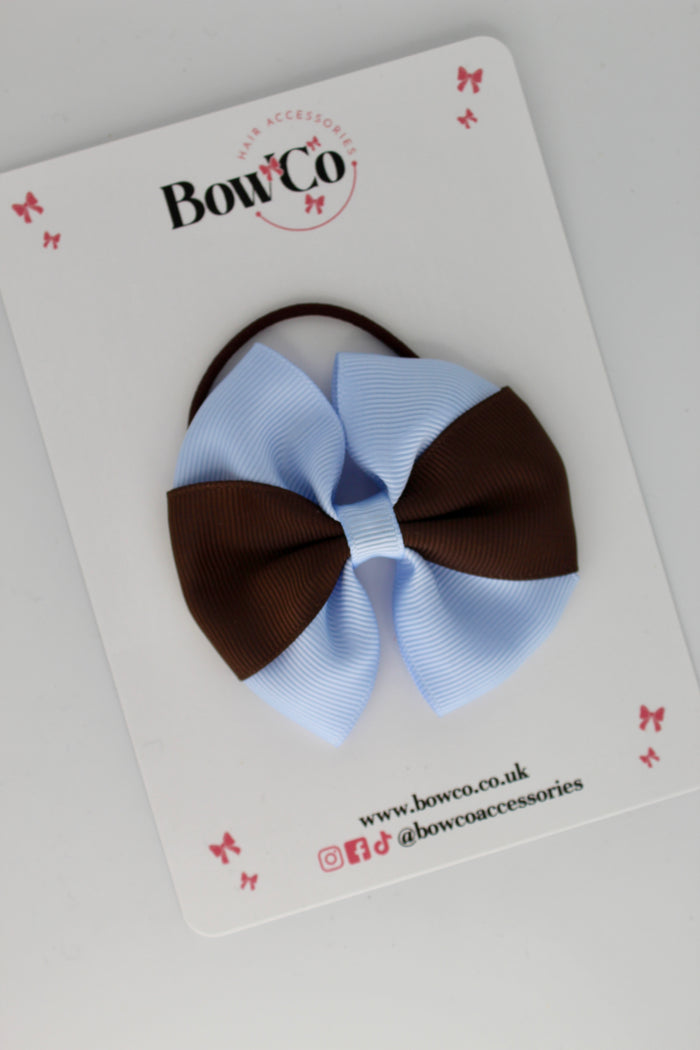 School Bow Bluebell and Brown - Round Tuxedo Bow - Elastic