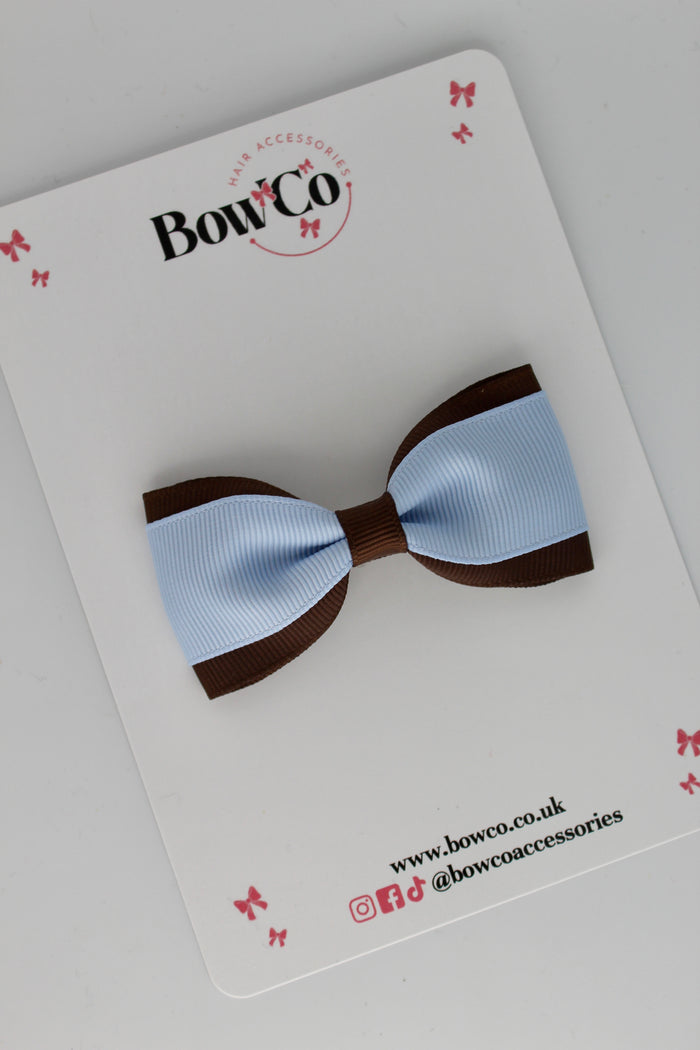 School Bow Bluebell and Brown - Tuxedo Bow - Clip