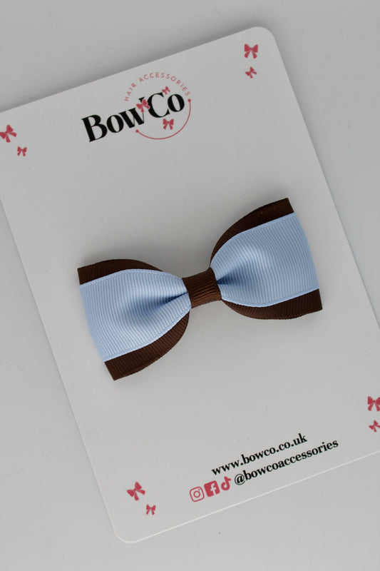 School Bow Bluebell and Brown - Tuxedo Bow - Clip