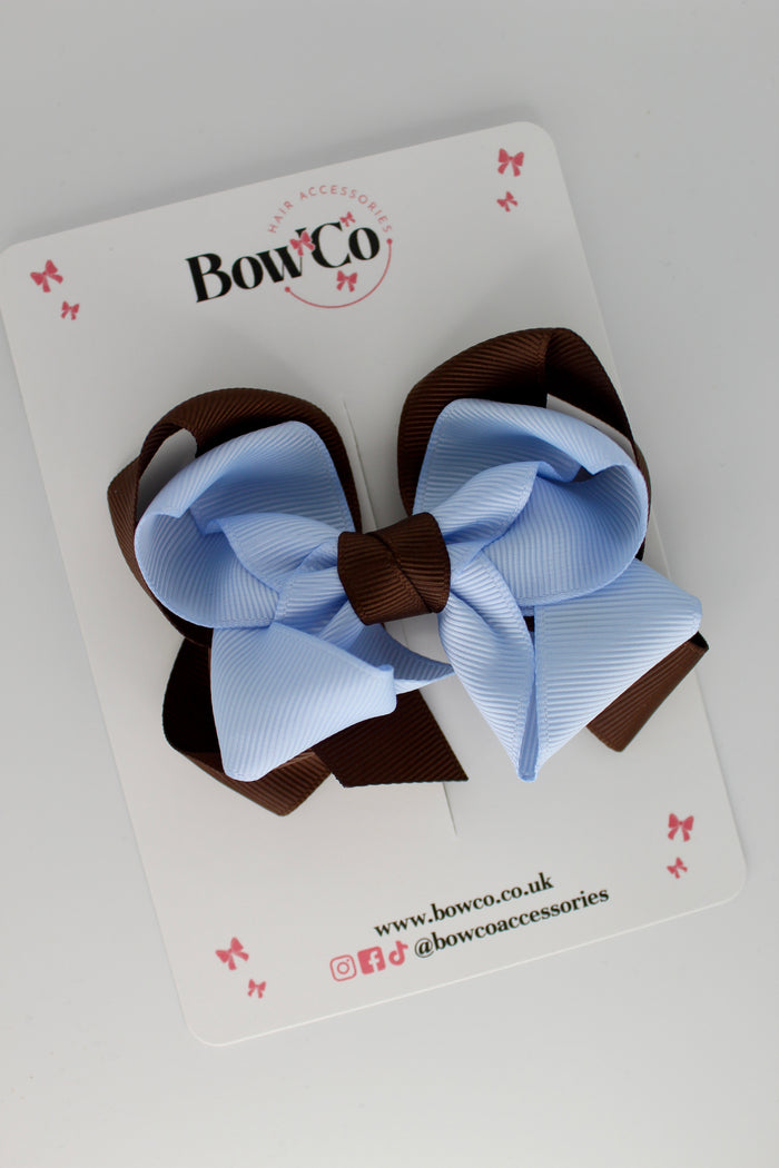 School Brown and Bluebell Double Loop Bow - Clip