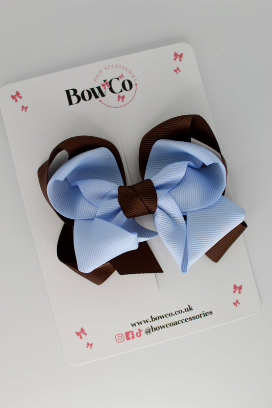 School Brown and Bluebell Double Loop Bow - Clip