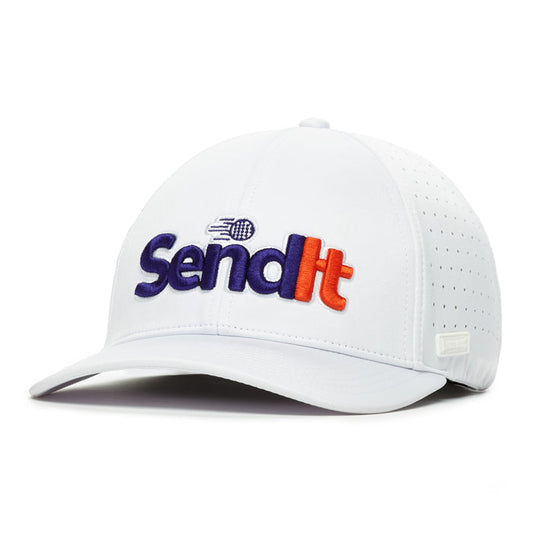 The Send It - Performance Golf Hat - Stretch Fit is a white cap with perforated sides, a stretchable band, and curved brim. "Send It" appears in bold blue and red embroidery with a stylized motion graphic before the phrase on the front.